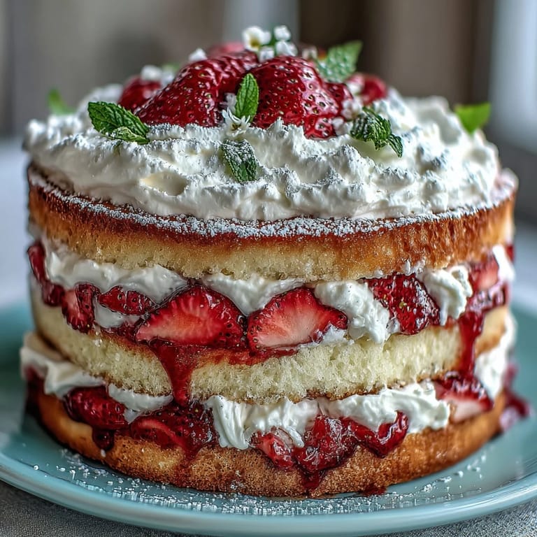 Naked Spring Cake with Strawberries and Cream, showcasing tender sponge layers and vibrant red berries.