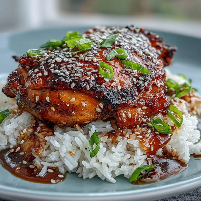 Slow-cooked honey garlic chicken with tender rice, garnished with green onions and sesame seeds for a comforting dinner.