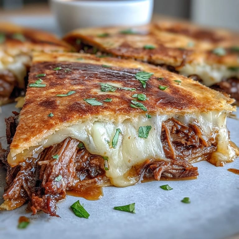 Crispy Cinco de Mayo Birria Quesadillas with vibrant, spicy consommé dip.