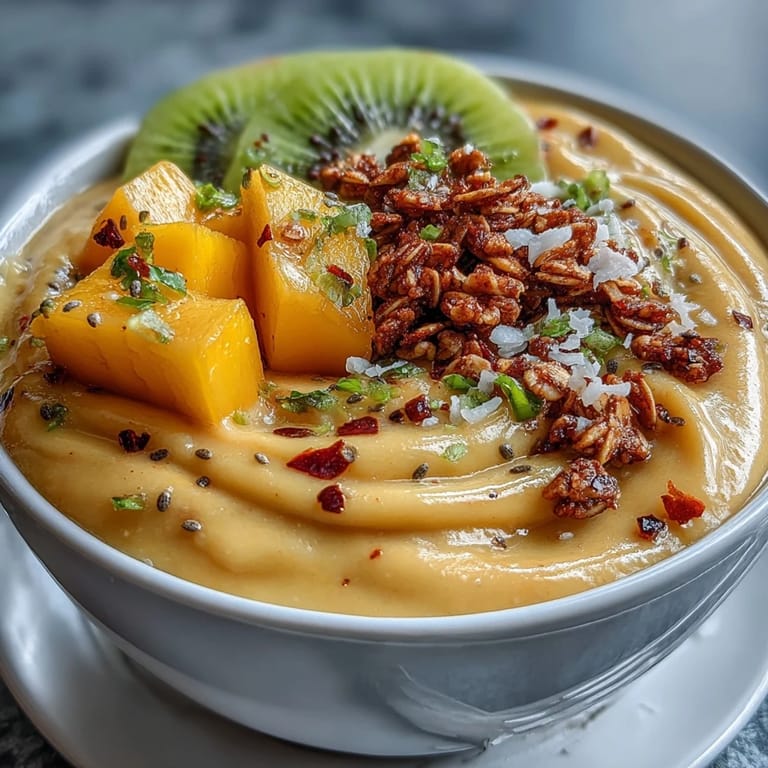 Enjoy this refreshing mango chili lime smoothie bowl, a healthy and colorful breakfast treat.