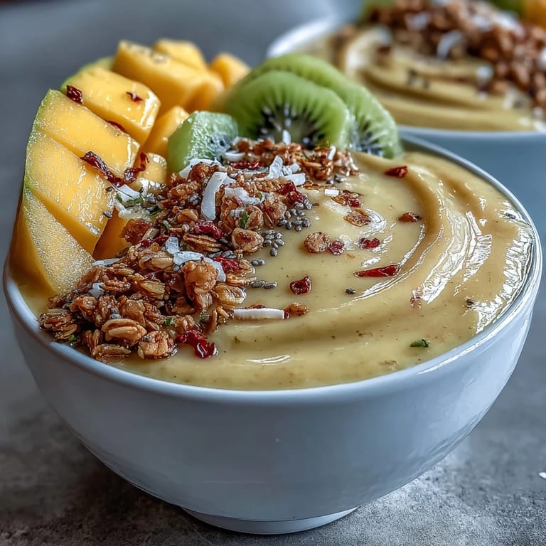 Creamy mango chili lime smoothie bowl artfully decorated with fresh fruit and crunchy toppings.