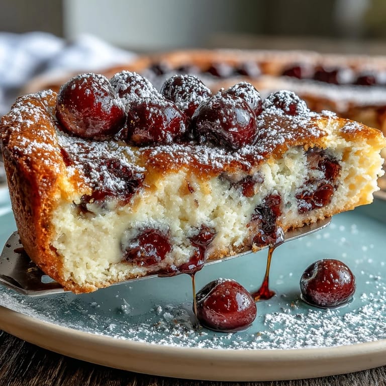 Luscious vanilla bean clafoutis loaded with juicy cherries, baked until golden.
