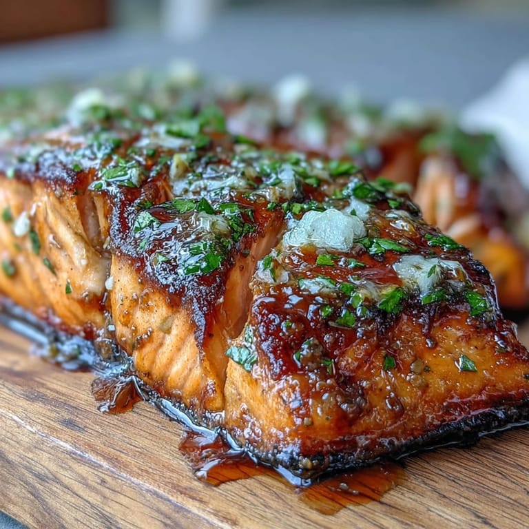 Perfectly grilled salmon fillets glistening with sweet, tangy maple Dijon glaze on cedar.