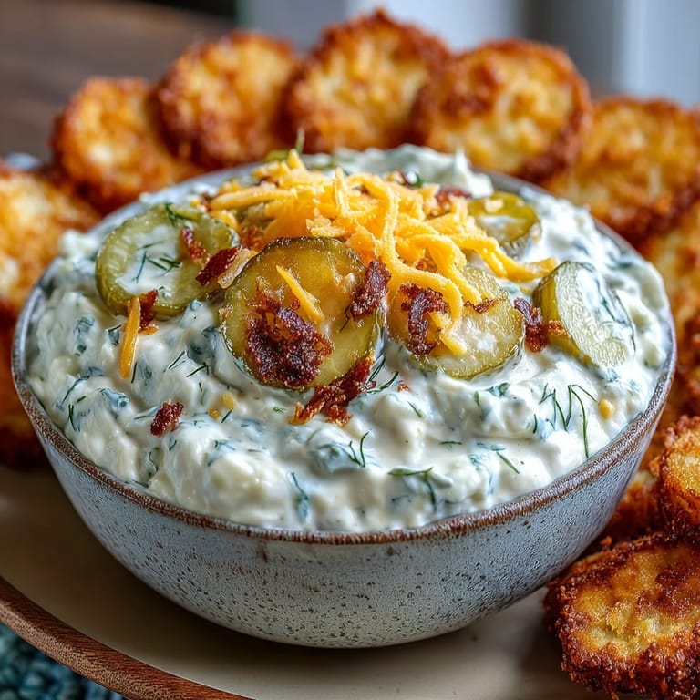 Appetizing photo of fried pickle dip ready to be served with chips.