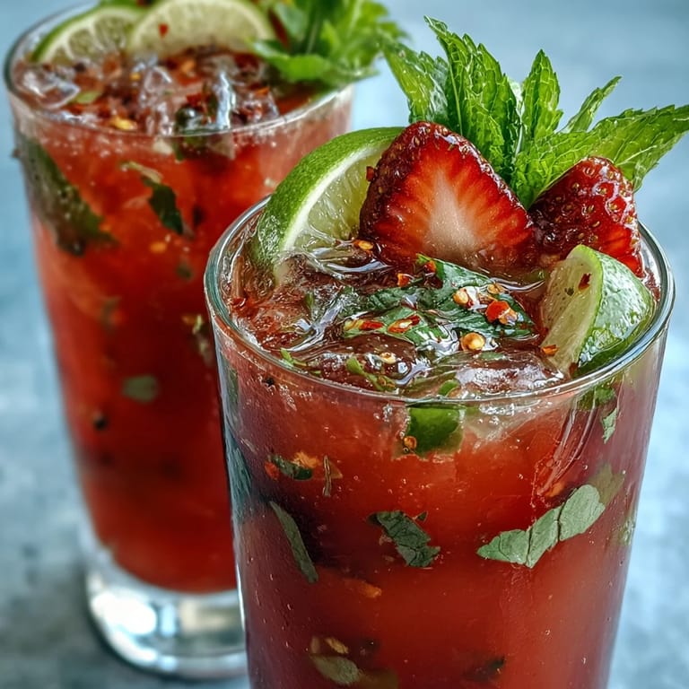 Vibrant Frugal Strawberry Chili Limeade Mocktail garnished with mint and a zesty chili kick.