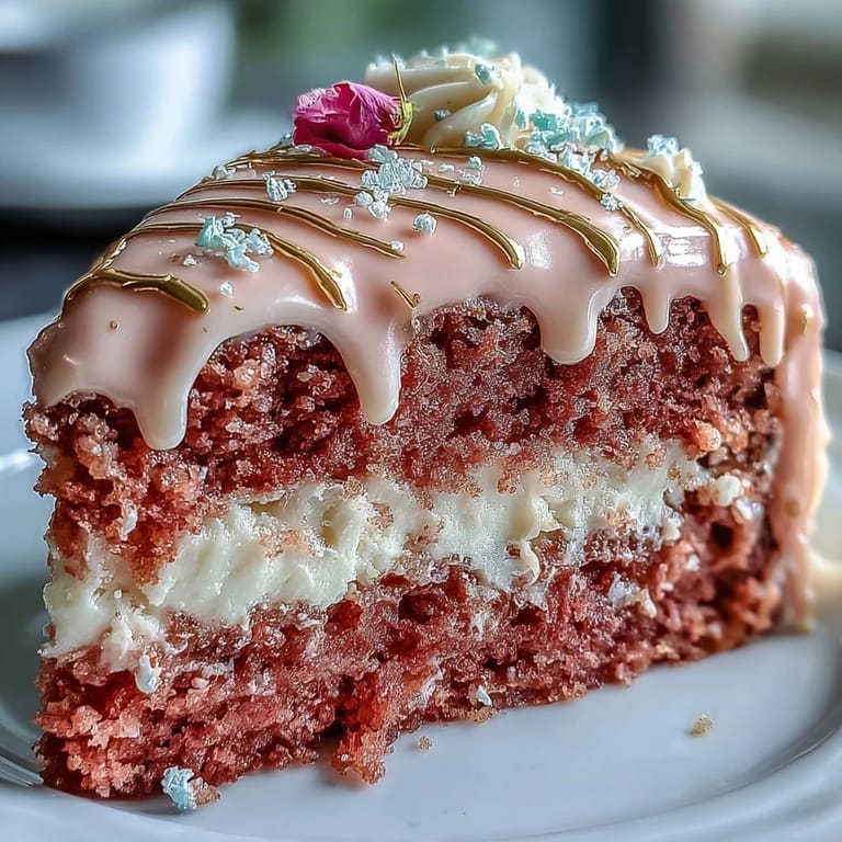 Decadent rosé velvet cake, moist crumb, highlighted by a luxurious gold drip.