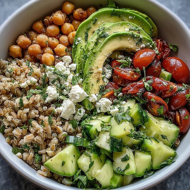 Nourishing Ancient Grains Bowl with protein-packed chickpeas and creamy avocado, ready to serve.