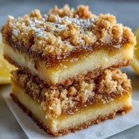 Homemade Lemon Crumb Bars with golden crumb topping dusted with powdered sugar, served on a rustic plate.