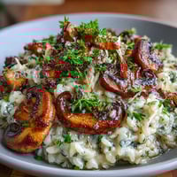 Creamy wild mushroom risotto topped with truffle oil, served in a rustic bowl with fresh parsley garnish.  