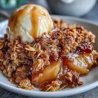 Warm cardamom-spiced apple crisp with buttery oat-almond topping, golden brown and bubbling from the oven.