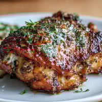 Golden roasted zaatar chicken thighs drizzled with creamy tahini-garlic sauce and fresh parsley.