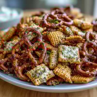 Crispy, tangy Dill Pickle Chex Mix with crunchy cereals, pretzels, and bagel chips, all coated in zesty dill pickle seasoning for the perfect snack.
