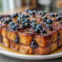 Lemon Blueberry Sourdough French Toast Bake with golden crust and juicy berries.