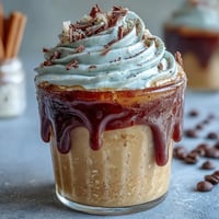 Creamy Vanilla Bean Frappuccino overnight oats jar with espresso swirls, chia seeds, and a dollop of whipped cream on top.