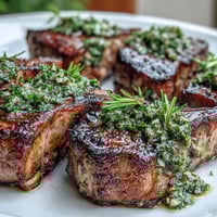 Tender lamb chops with mint gremolata, grilled to perfection and topped with fresh herb and lemon zest.