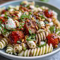 Vibrant Summer Pasta Salad with cherry tomatoes, fresh mozzarella, and fragrant basil leaves, perfect for warm-weather gatherings.