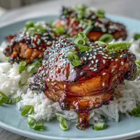 Aromatic honey garlic chicken thighs served over steaming jasmine rice with a glossy, savory-sweet glaze.