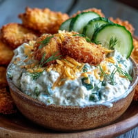 Creamy fried pickle dip with golden fried pickle garnish, perfect for parties.